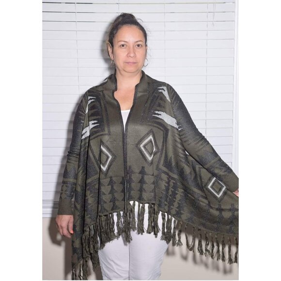 Ethnic Design Cardigan Green With Black Tones Warm Sweaters - Picture 2 of 4